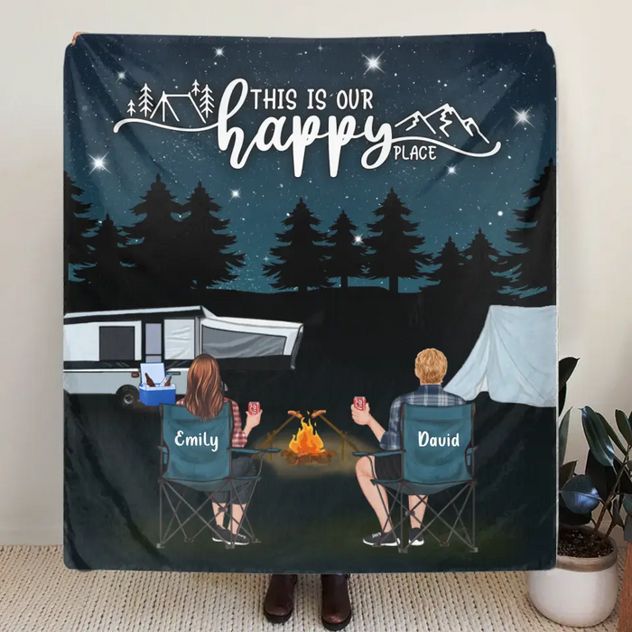 Custom Personalized Camping Family Quilt/Single Layer Fleece Blanket - Gift Idea For Camping Lover/ Couple/ Family - This Is Our Happy Place