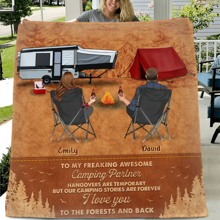 Personalized Camping Quilt/Single Layer Fleece Blanket - Gift Idea For Camping Lover/Couple - To My Freaking Awesome Camping Partner