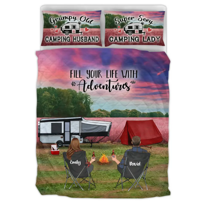Personalized Camping Quilt Bed Sets - Gift Idea For Couple, Camping Lovers, Family - Upto 5 Kids, 6 Pets   - Fill Your Life With Adventures