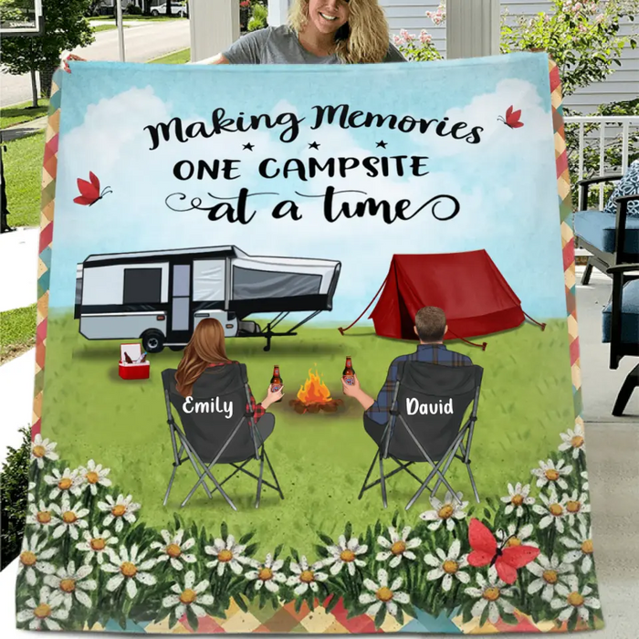 Personalized Camping Couple Family Quilt Blanket/Single Layer Fleece Blanket - Gift Idea For Whole family, Camping lovers - Making Memories One Campsite At A Time