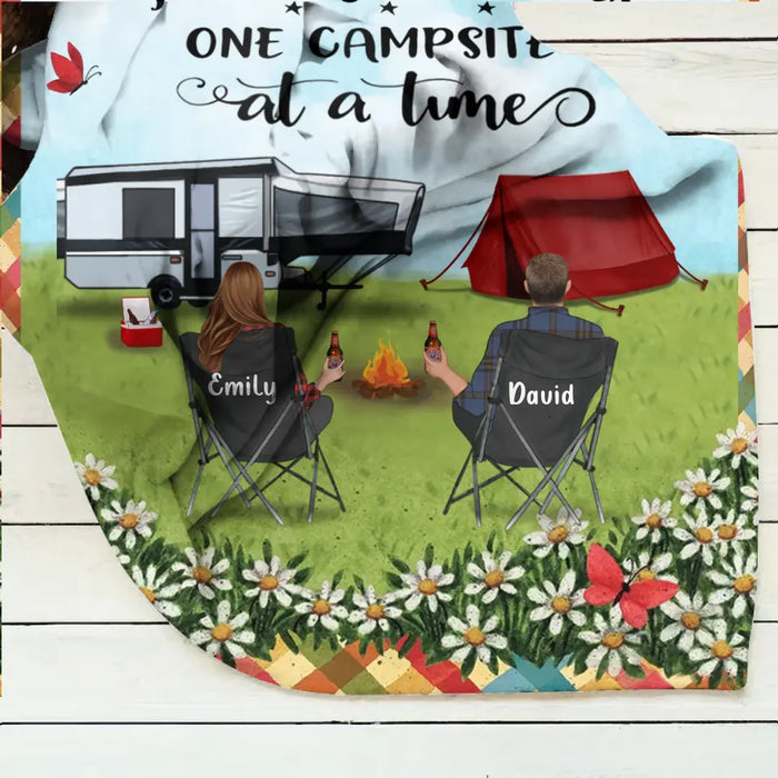 Personalized Camping Couple Family Quilt Blanket/Single Layer Fleece Blanket - Gift Idea For Whole family, Camping lovers - Making Memories One Campsite At A Time