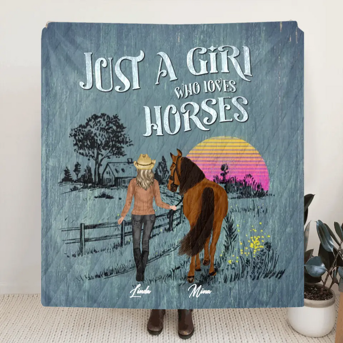 Custom Personalized Horse Girl Quilt/Single Layer Fleece Blanket - Gift Idea For Girl/Horse Lovers -  Upto 6 Horses - Just A Girl Who Loves Horses