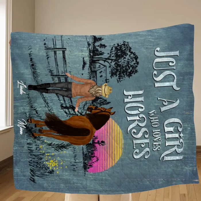 Custom Personalized Horse Girl Quilt/Single Layer Fleece Blanket - Gift Idea For Girl/Horse Lovers -  Upto 6 Horses - Just A Girl Who Loves Horses