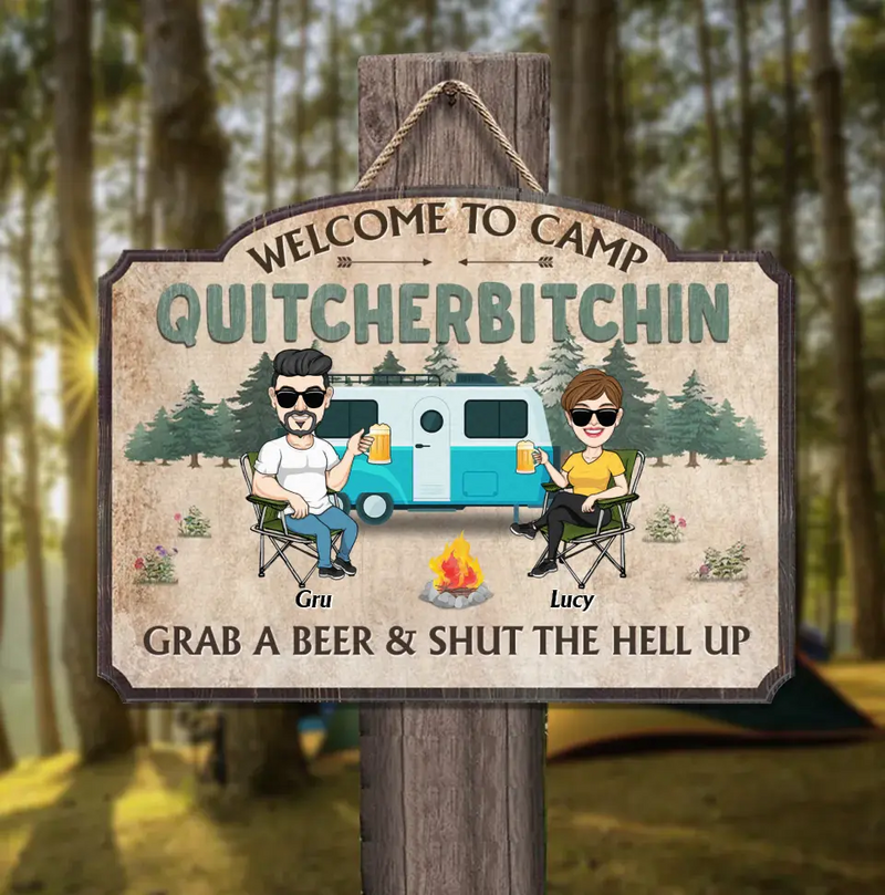 Personalized Camping Wooden Sign - Gift Idea For Couple/Camping Lovers - Couple With Up to 4 Dogs - Welcome To Camp Quitcherbitchin