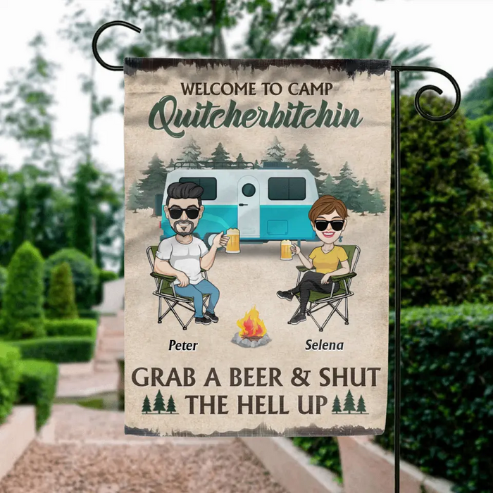 Custom Personalized Camping Flag Sign - Best Gift For Camping Lovers - Couple With Upto 4 Dogs - Welcome To Camp Quitcherbitchin