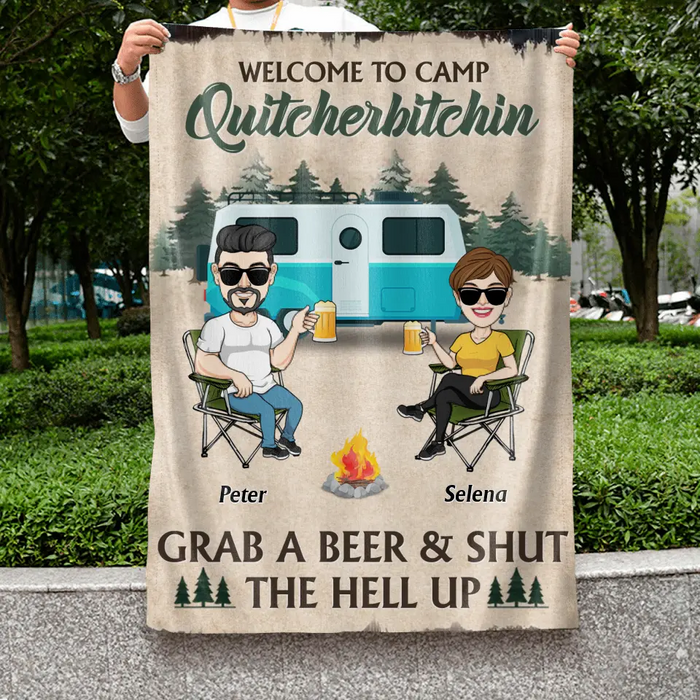 Custom Personalized Camping Flag Sign - Best Gift For Camping Lovers - Couple With Upto 4 Dogs - Welcome To Camp Quitcherbitchin