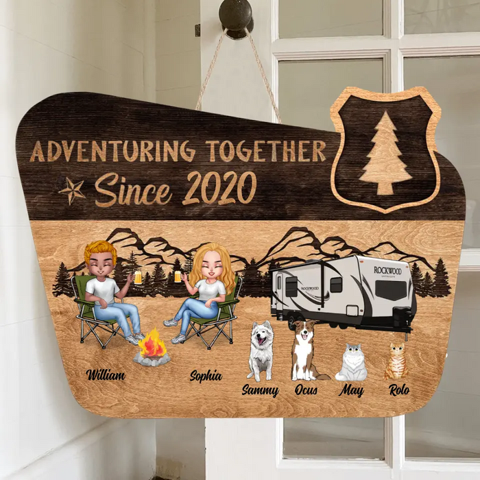 Custom Personalized Camping Door Sign - Gift for Camping Lovers - Camping Couple and Up to 4 Pets - Adventuring Together