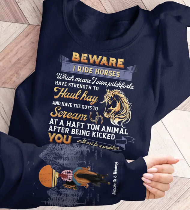 Personalized Horse Girl AOP Sweater - Gift Idea For Horse Lover - Beware I Ride Horses Which Means I Own Pitchforks Have Strength To Haul Hay