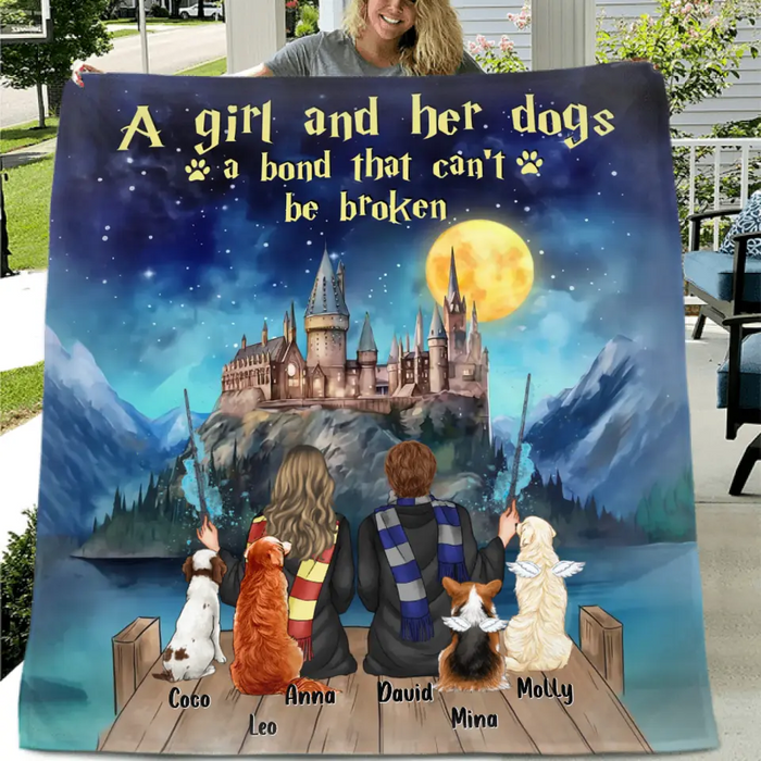 Personalized Girl & Dogs Quilt/Fleece Throw Blanket/Pillow Cover - Gift Idea For Dog Lovers/Owners - Up to 4 Dogs - A Girl And Her Dogs A Bond That Can't Be Broken