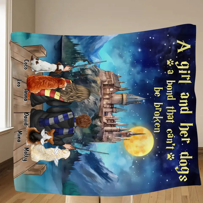 Personalized Girl & Dogs Quilt/Fleece Throw Blanket/Pillow Cover - Gift Idea For Dog Lovers/Owners - Up to 4 Dogs - A Girl And Her Dogs A Bond That Can't Be Broken