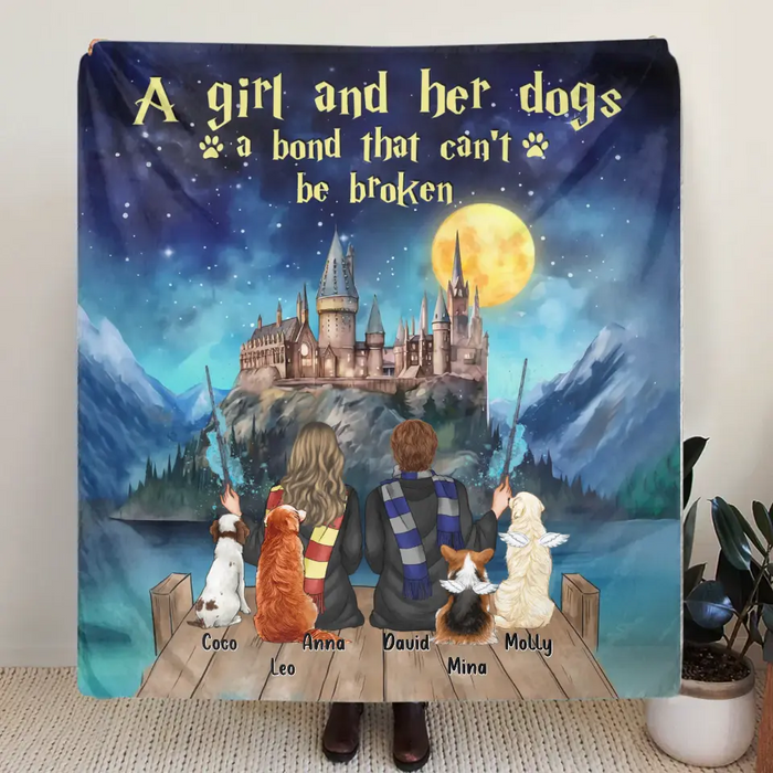 Personalized Girl & Dogs Quilt/Fleece Throw Blanket/Pillow Cover - Gift Idea For Dog Lovers/Owners - Up to 4 Dogs - A Girl And Her Dogs A Bond That Can't Be Broken