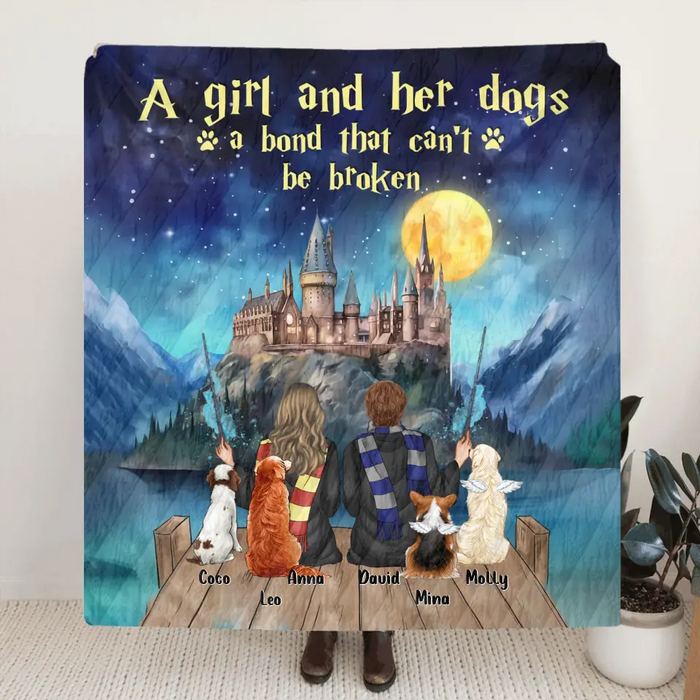 Personalized Girl & Dogs Quilt/Fleece Throw Blanket/Pillow Cover - Gift Idea For Dog Lovers/Owners - Up to 4 Dogs - A Girl And Her Dogs A Bond That Can't Be Broken