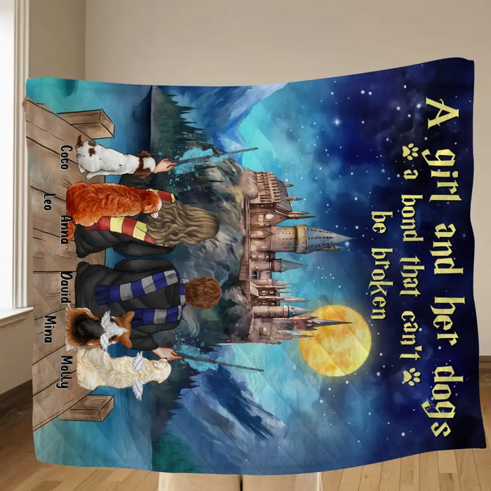 Personalized Girl & Dogs Quilt/Fleece Throw Blanket/Pillow Cover - Gift Idea For Dog Lovers/Owners - Up to 4 Dogs - A Girl And Her Dogs A Bond That Can't Be Broken