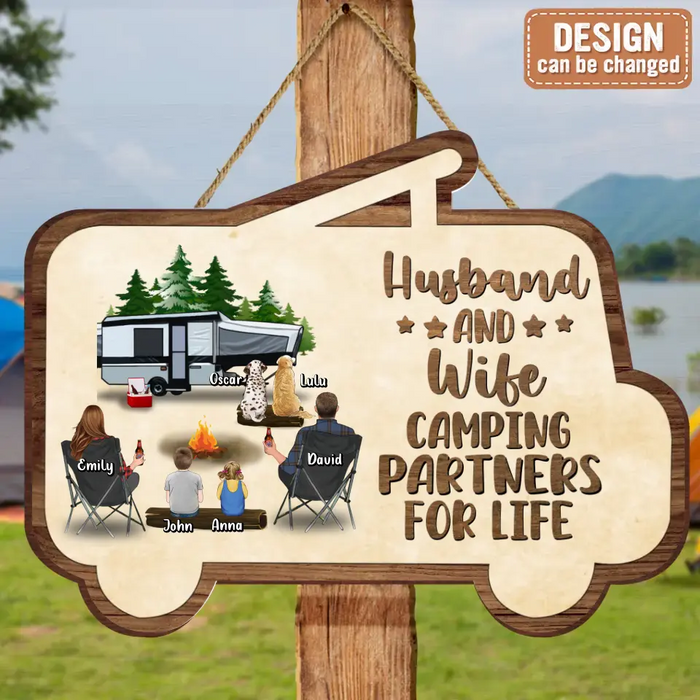 Custom Personalized Camping Wooden Sign - Up to 2 Children & 3 Pets -  Gift Idea For Camping Lovers - Husband And Wife Camping Partners For Life