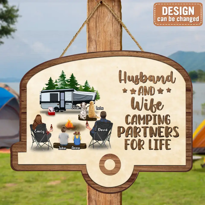 Custom Personalized Camping Wooden Sign - Up to 2 Children & 3 Pets -  Gift Idea For Camping Lovers - Husband And Wife Camping Partners For Life