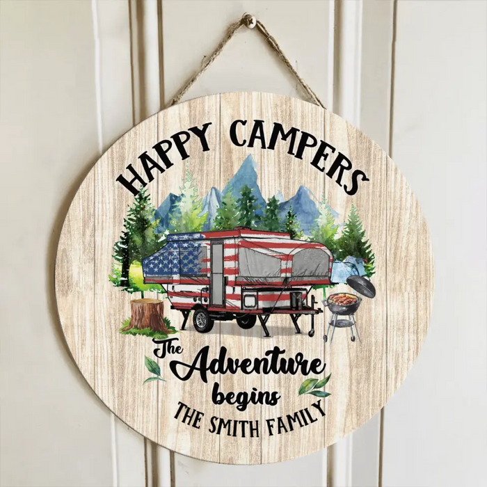 Custom Personalized Camper Circle Door Sign - Gift Idea For Camping Lovers/Family - Happy Campers The Adventure Begins