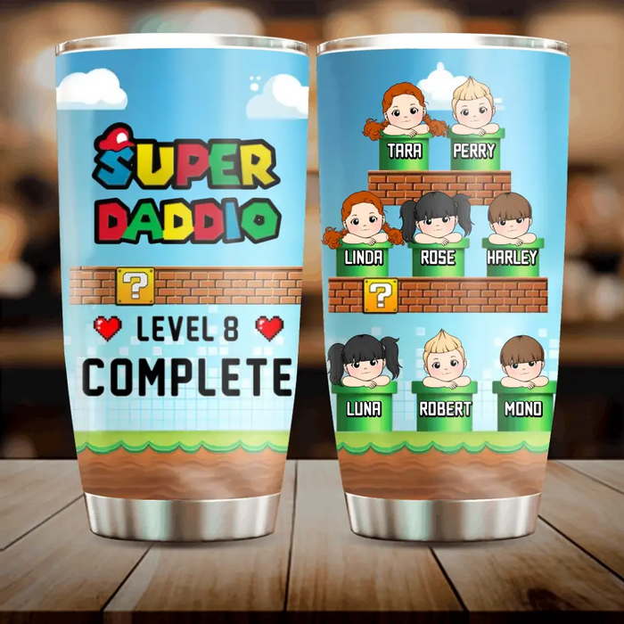 Personalized Super Daddio Tumbler - Gift Idea For Family Members - Up to 8 Kids - Level 8 Complete