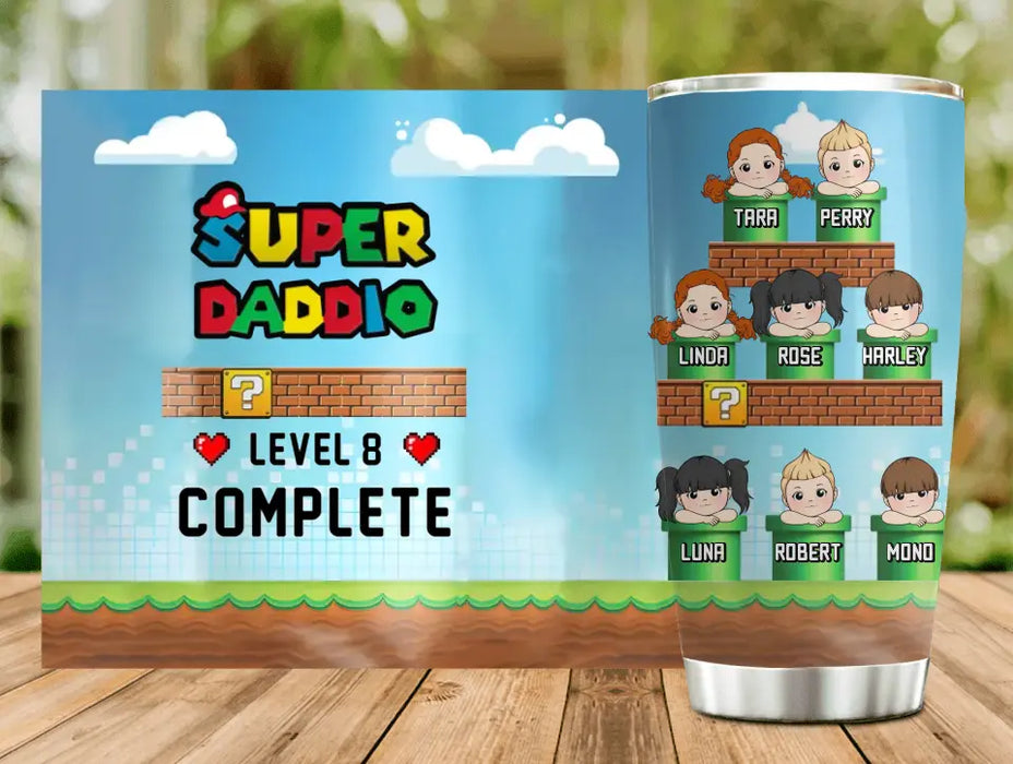 Personalized Super Daddio Tumbler - Gift Idea For Family Members - Up to 8 Kids - Level 8 Complete
