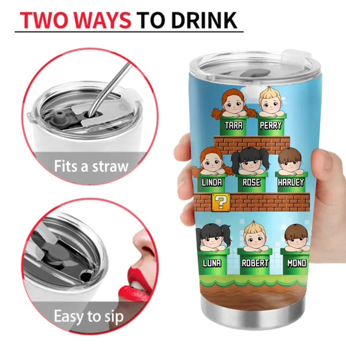 Personalized Super Daddio Tumbler - Gift Idea For Family Members - Up to 8 Kids - Level 8 Complete