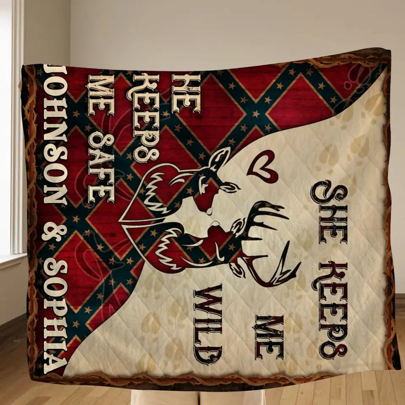 Personalized Couple Quilt/Fleece Throw Blanket - Gift Idea For Couple/Husband/Wife/Valentine's Day - He Keeps Me Safe