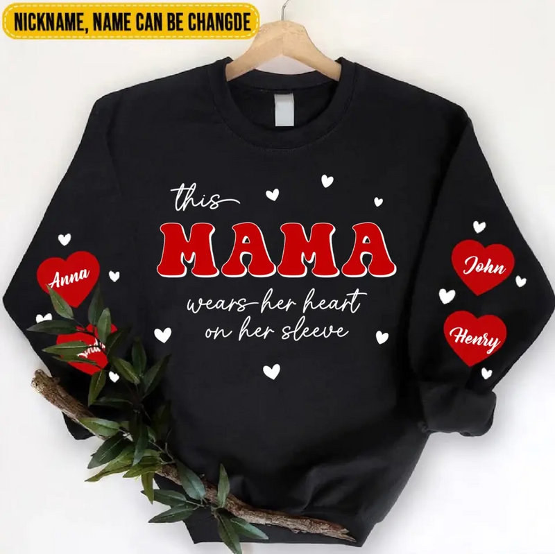 Personalized Mama Sweater - Up to 10 Children - Christmas Gift Idea for Mama/Grandma - This Mama Wears Her Heart On Her Sleeve