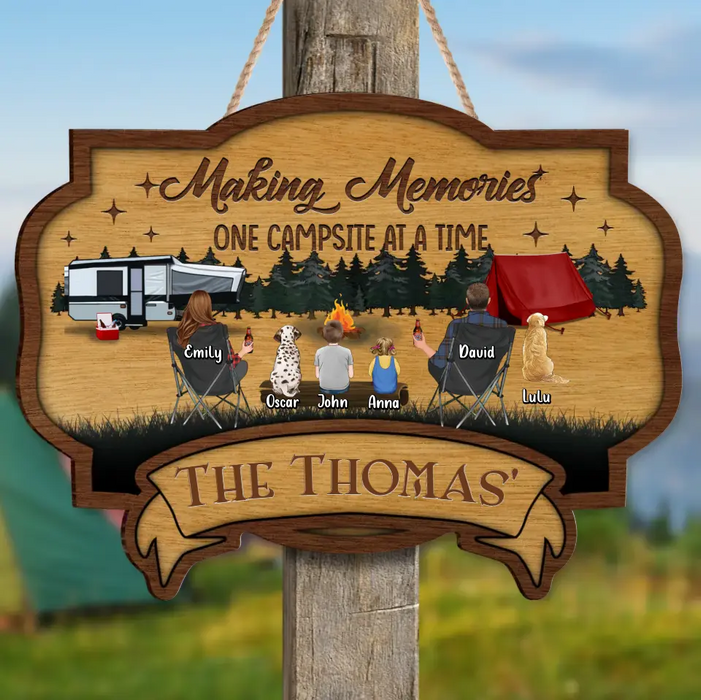 Custom Personalized Camping Wooden Sign - Couple/Parents with Up to 2 Children & 3 Pets - Gift Idea For Camping Lovers - Making Memories One Campsite At A Time
