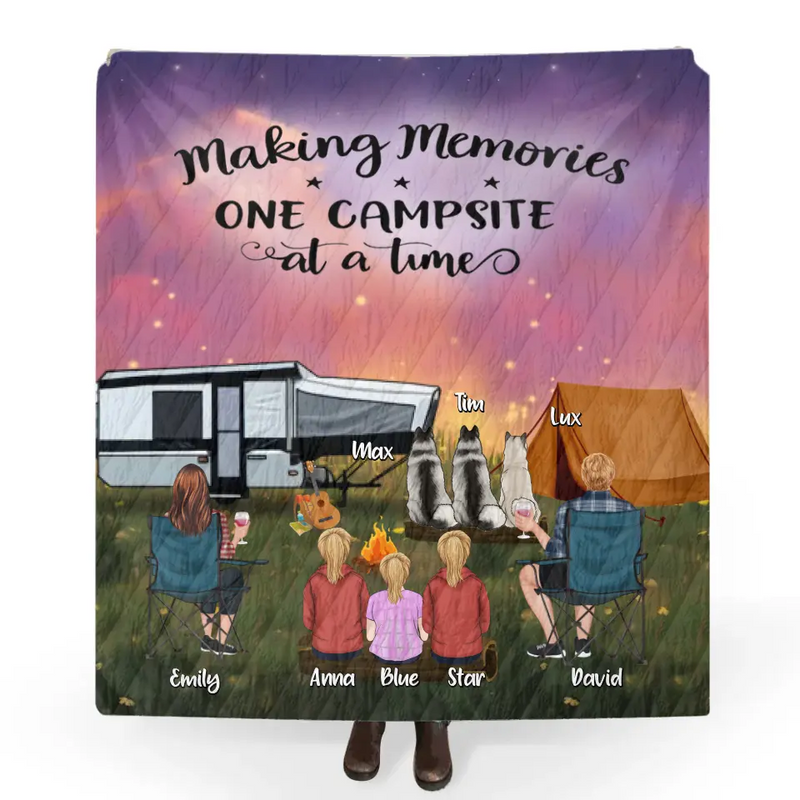 Personalized Camping Couple/Family Fleece Throw Blanket/Quilt - Up to 3 Kids And 4 Pets - Gift Idea For Camping Lover - Making Memories One Campsite At A Time