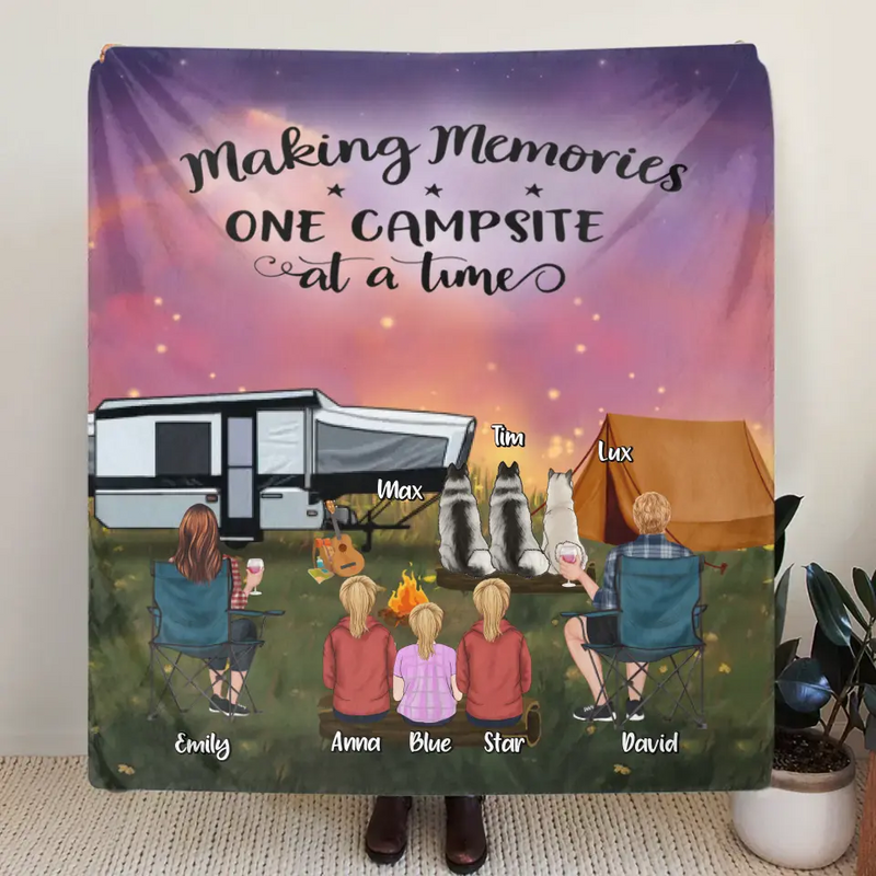 Personalized Camping Couple/Family Fleece Throw Blanket/Quilt - Up to 3 Kids And 4 Pets - Gift Idea For Camping Lover - Making Memories One Campsite At A Time