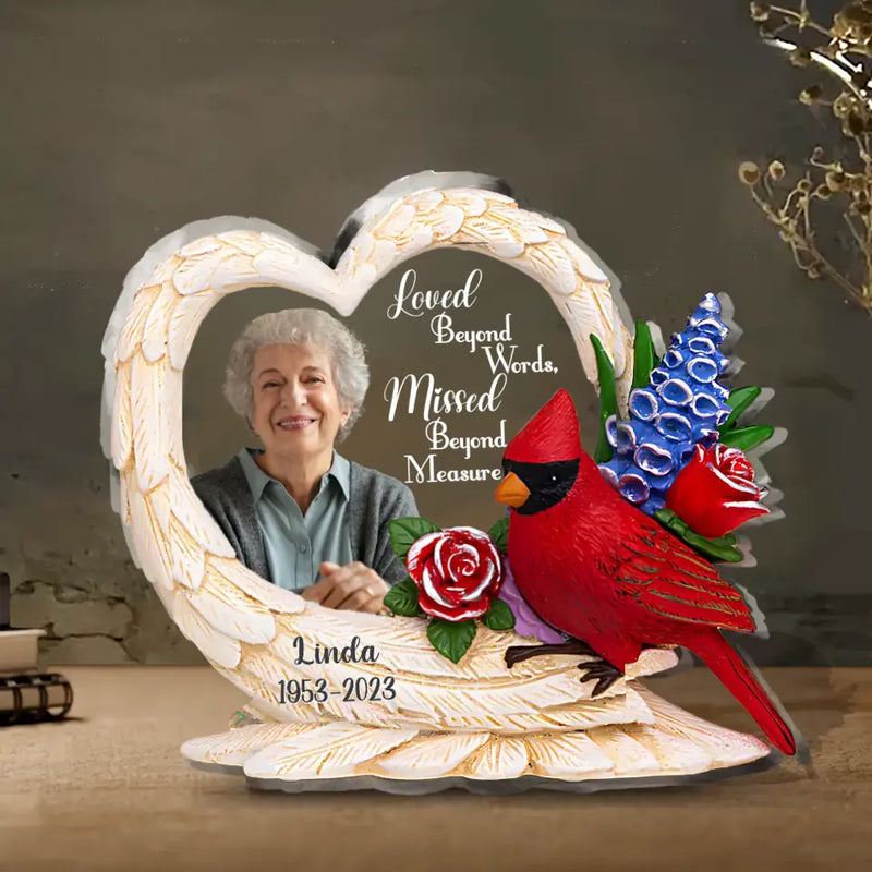Personalized Cardinal Heart Wings Acrylic Plaque - Upload Photo - Christmas/Memorial Gift Idea for Family - Loved Beyond Words Missed Beyond Measure