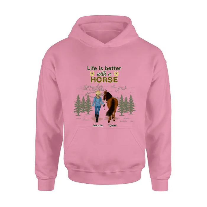 Custom Personalized Horse Girl Shirt/ Hoodie - Upto 6 Horses - Gift Idea For Horse Lover - Life Is Better With Horses