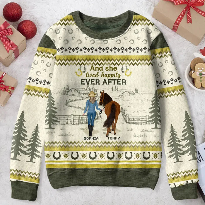 Custom Personalized Horse Girl Sweater - Christmas Gift Idea For Horse Lover - Up to 6 Horses - And She Lived Happily Ever After