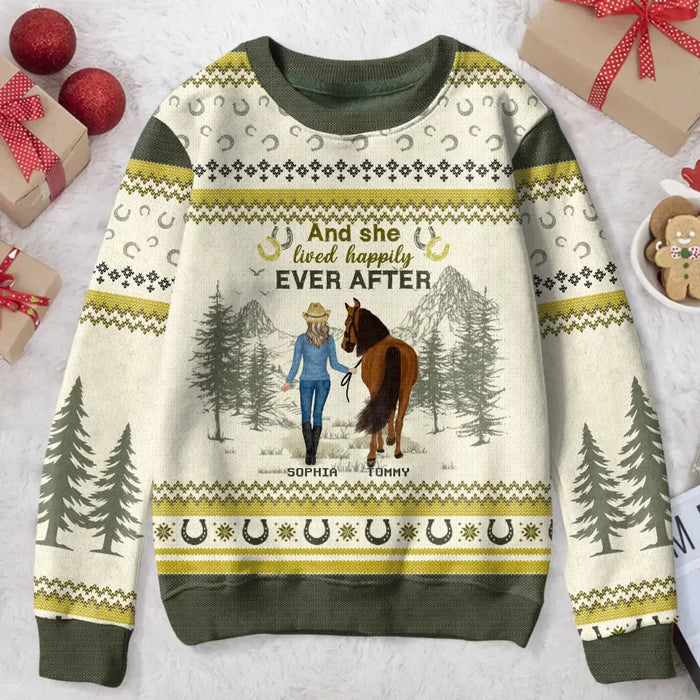 Custom Personalized Horse Girl Sweater - Gift Idea For Horse Lover - Up to 6 Horses - And She Lived Happily Ever After