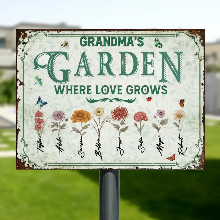 Custom Personalized Grandma's Garden Metal Sign - Mother's Day Gift Idea For Grandma/ Mother - Upto 8 Kids - Where Love Grows