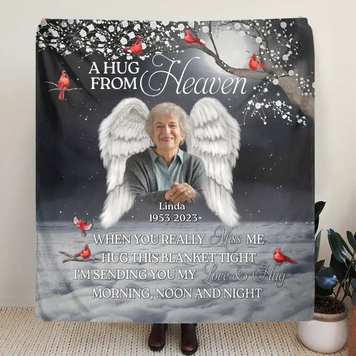 Custom Personalized Memorial Quilt/Single Layer Fleece Blanket - Upload Photo - Memorial Gift Idea For Family Member - When You Really Miss Me Hug This Blanket Tight