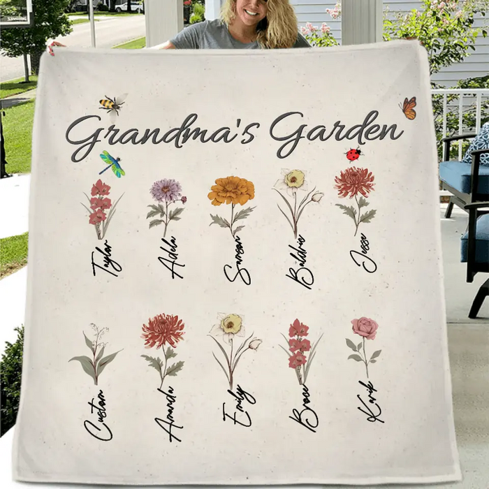 Custom Personalized Grandma's Garden Single Layer Fleece Blanket/ Quilt Blanket - Mother's Day Gift Idea For Grandma/ Mother - Upto 10 Kids