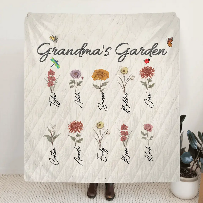 Custom Personalized Grandma's Garden Single Layer Fleece Blanket/ Quilt Blanket - Mother's Day Gift Idea For Grandma/ Mother - Upto 10 Kids