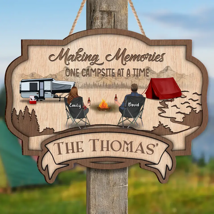 Custom Personalized Camping Wooden Sign - Couple/Parents with Up to 2 Children & 3 Pets - Christmas Gift Idea For Camping Lovers/ Couple/ Family - Making Memories One Campsite At A Time