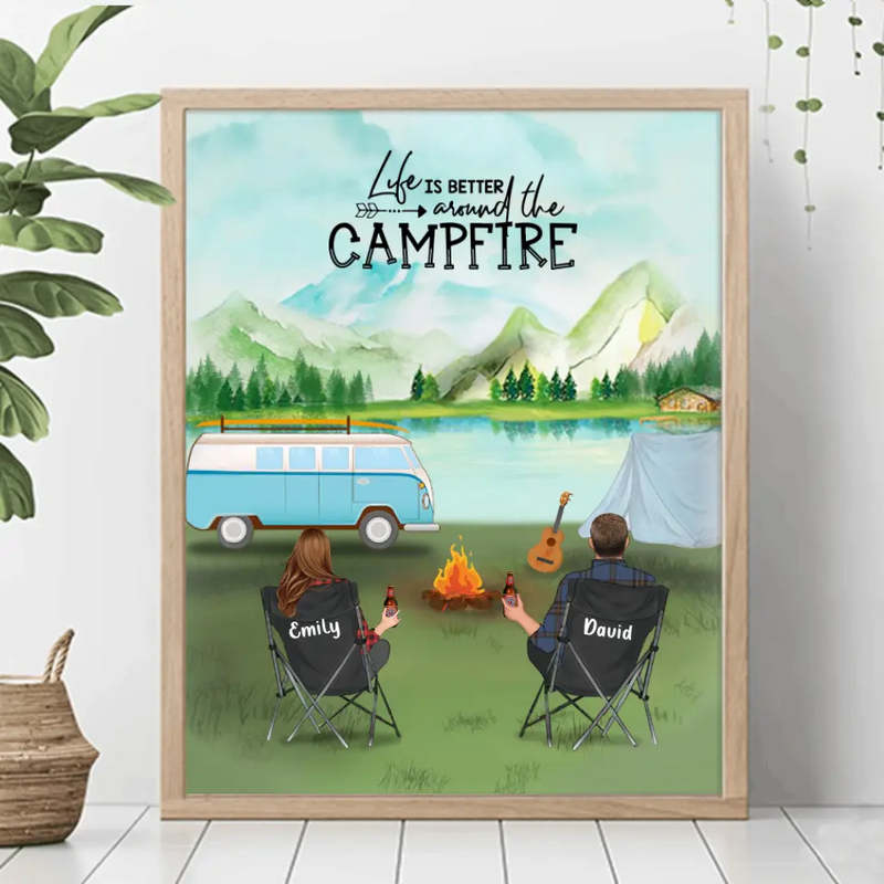 Personalized Camping Poster - Gift For Whole Family - Couple/Parents With Up to 6 Kids - 6 Pets - Life Is Better Around Camfire