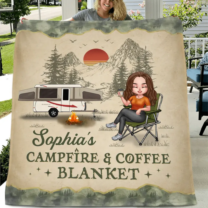 Custom Personalized Camping Quilt/Single Layer Fleece Blanket - Gift Idea For Camping Lover - My Campfire & Coffee Blanket