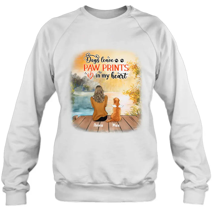Custom Personalized Dog Mom Shirt/ Pullover Hoodie - Upto 5 Dogs - Gift Idea For Dog Lover - Dogs Leave Paw Prints In My Heart