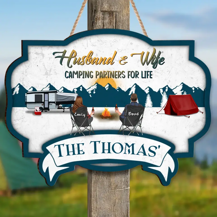 Custom Personalized Camping Wooden Sign - Couple With Up to 2 Children & 3 Pets -  Camping Lovers Gift Idea - Husband & Wife Camping Partners For Life