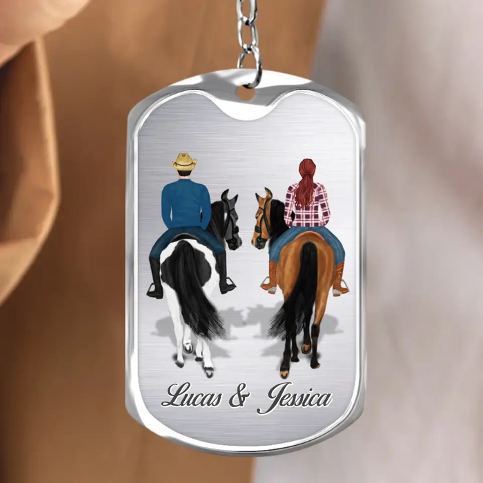 Custom Personalized Couple Riding Horses Aluminum Keychain - Best Gift For Couple, Horse Lover - Couples Who Ride Together Stay Together