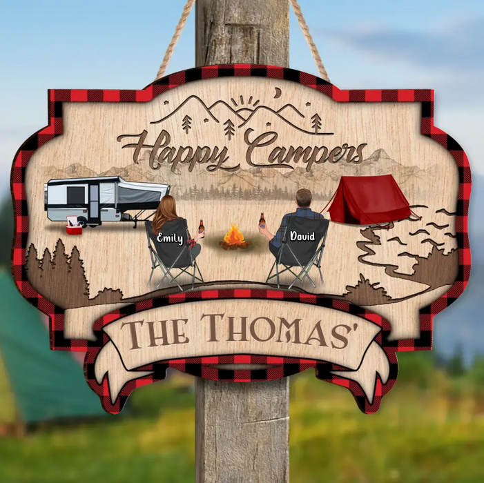 Custom Personalized Camping Wooden Sign - Couple/Parents with Up to 2 Children & 3 Pets - Christmas Gift Idea For Camping Lovers/Couple/Family - Happy Campers