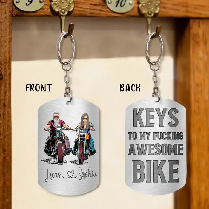 Custom Personalized Riding Couple Aluminum Keychain - Gift Idea For Couple/Her/Him - Keys To My Awesome Bike