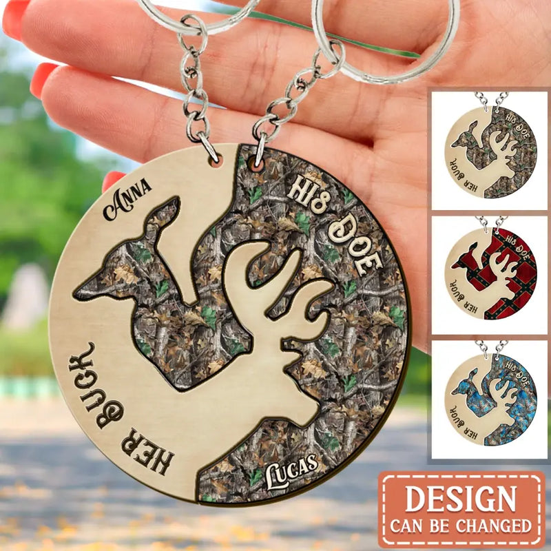 Personalized Deer Couple Wooden Keychain - Valentine's Day Gift Idea For Couple/Hunting/Deer Lovers
