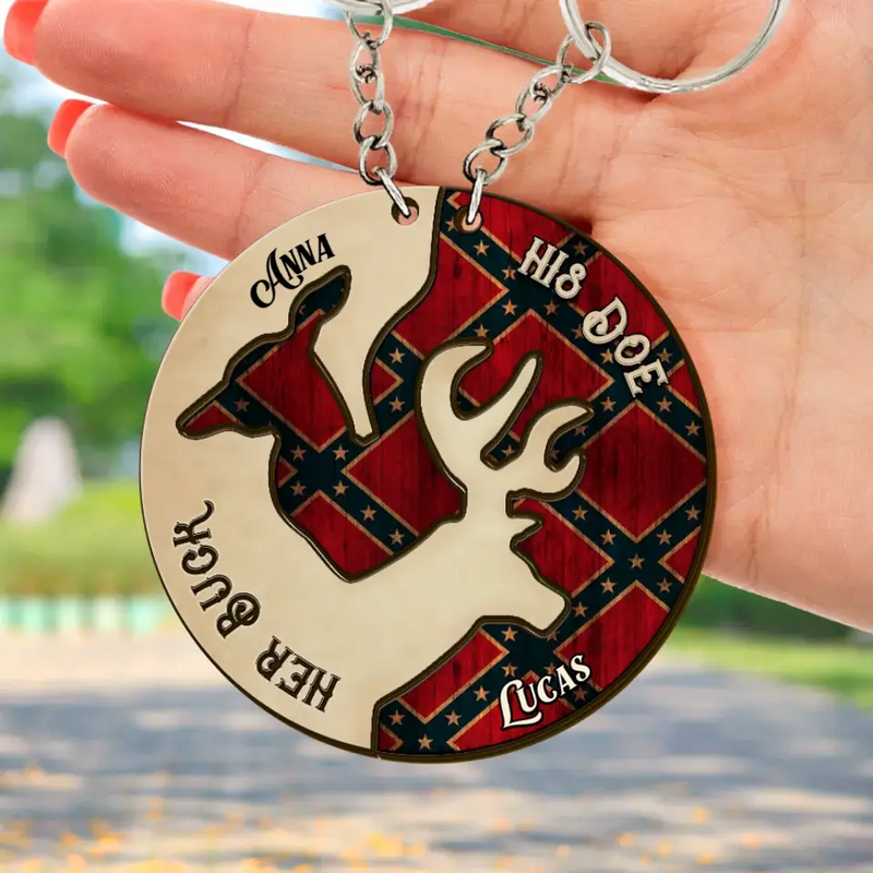 Personalized Deer Couple Wooden Keychain - Valentine's Day Gift Idea For Couple/Hunting/Deer Lovers