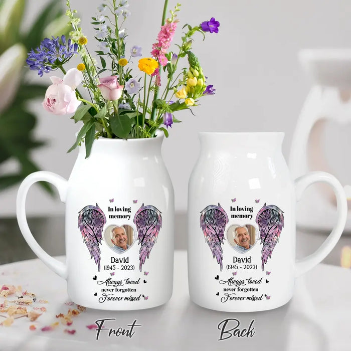 Custom Personalized Memorial Heart Wings Ceramic Flower Vase - Upload Photo - Memorial Gift Idea For Family Member - Always Loved Never Forgotten Forever Missed