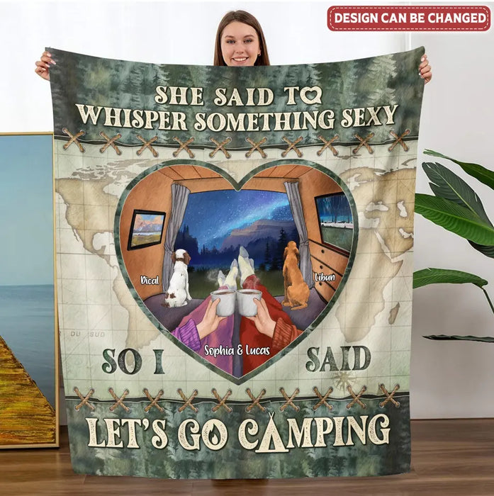 Custom Personalized Couple Pillow Cover/ Quilt/ Fleece Throw Blanket - Couple With Upto 2 Pets - Gift Idea For Couple/ Camping Lover - Let's Go Camping