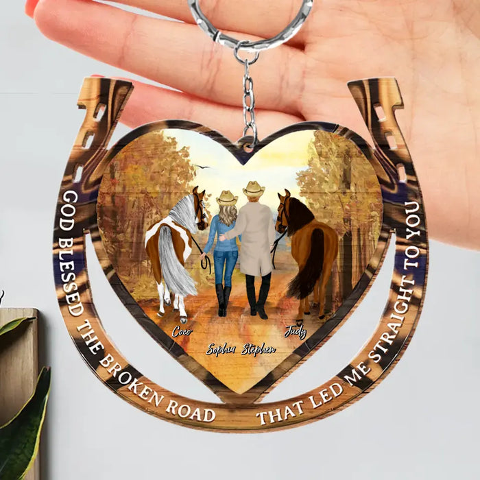 Custom Personalized Couple Cowboy And Cowgirl Wooden Keychain - Gift Idea For Couple/ Horse Lover -  God Blessed The Broken Road That Led Me Straight To You