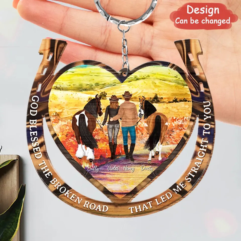 Personalized Couple Cowboy And Cowgirl Wooden Keychain - Gift Idea For Couple/Horse Lover - God Blessed The Broken Road That Led Me Straight To You